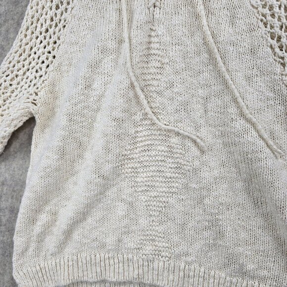 Forever 21 Womens Beige Knit Pullover Hoodie Medium Open-Weave Crochet Sleeves - Picture 3 of 7